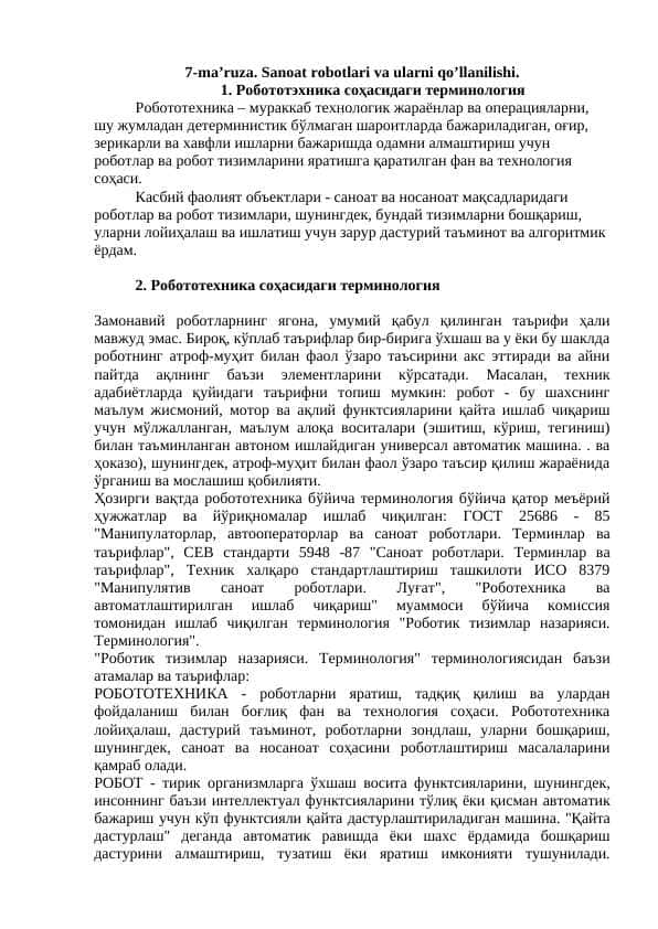 Sanoat robotlari va ularni qo’llanilishi.
