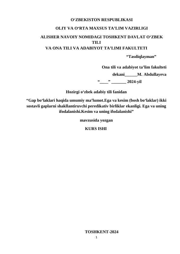 Gap boʻlaklari haqida umumiy maʼlumot.Ega va kesim (bosh boʻlaklar) ikki sostavli gaplarni shakllantiruvchi peredikativ birliklar ekanligi. Ega va uning ifodalanishi.Kesim va uning ifodalanishi