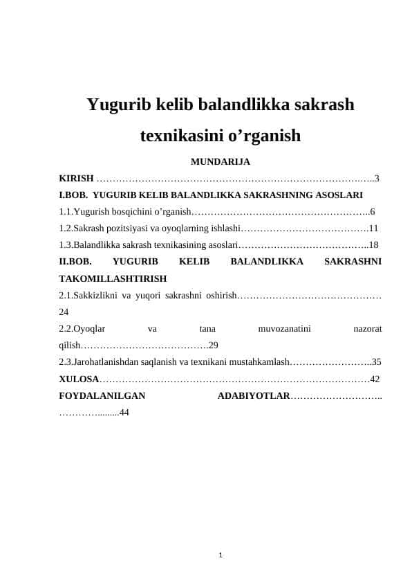 Yugurib kelib balandlikka sakrash texnikasini o’rganish