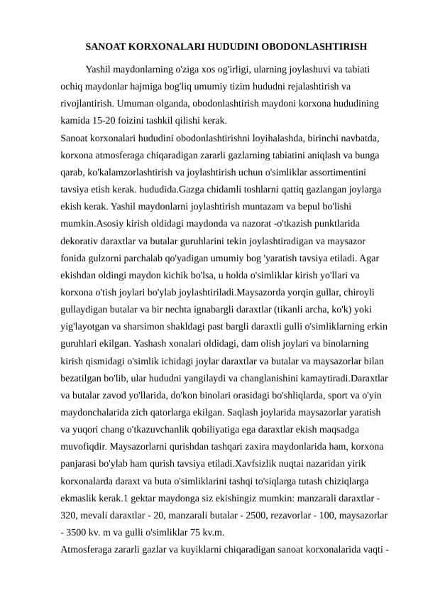 SANOAT KORXONALARI HUDUDINI OBODONLASHTIRISH