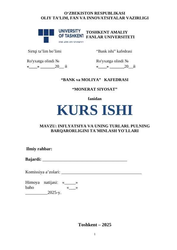 Inflyatsiya va uning turlari. Pulning barqarorligini ta`minlash yo`llari