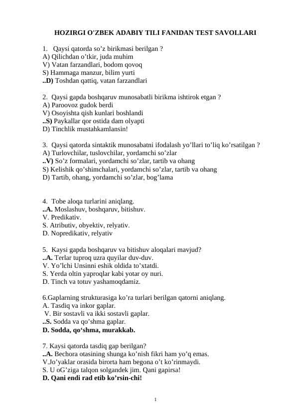 HOZIRGI O'ZBEK ADABIY TILI FANIDAN TEST SAVOLLARI