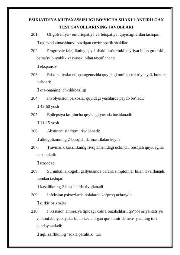 PSIXIATRIYA MUTAXASSISLIGI BOʻYICHA SHAKLLANTIRILGAN TEST SAVOLLARINING JAVOBLARI