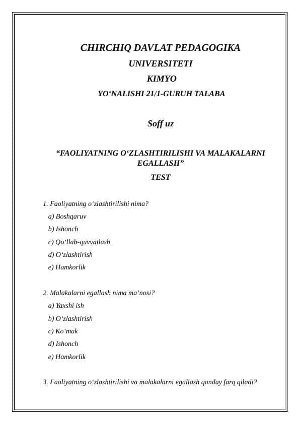 FAOLIYATNING OʻZLASHTIRILISHI VA MALAKALARNI EGALLASH