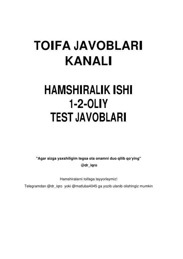 HAMSHIRALIK ISHI 1-2-OLIY TEST JAVOBLARI Ҳамширалик иши мутахассислиги бўйича шакллантирилгантест саволлар рўйхати