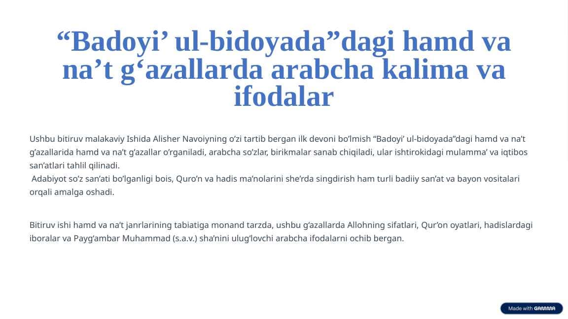 “Badoyi’ ul-bidoyada”dagi hamd va na’t g‘azallarda arabcha kalima va ifodalar BMI