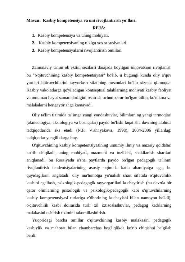 Kasbiy kompetensiya va uni rivojlantirish yo‘llari