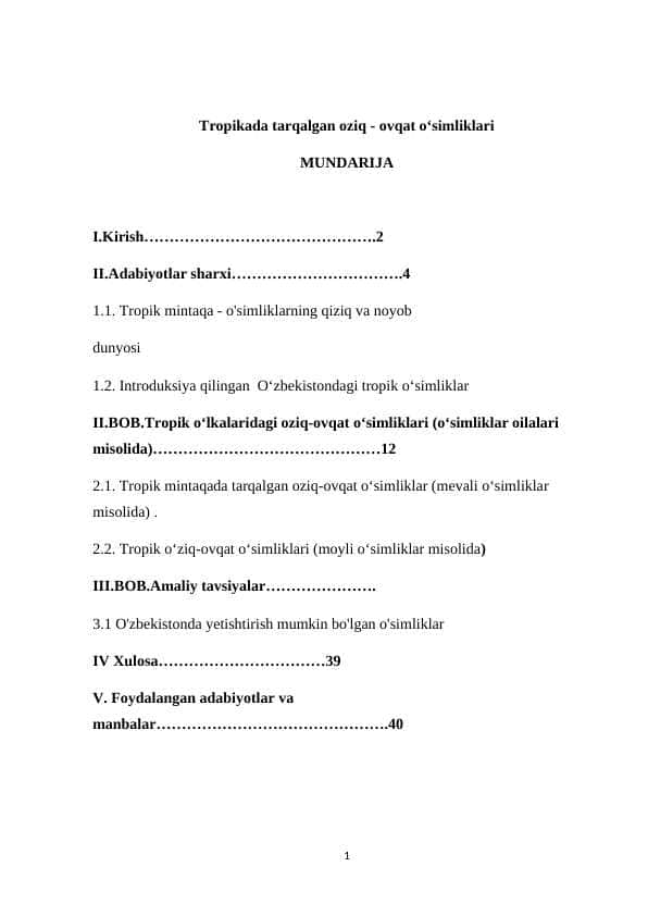 Tropikada tarqalgan oziq ovqat o‘simliklari