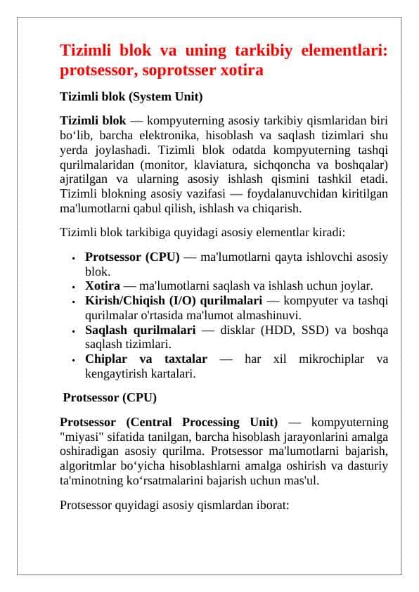 Tizimli blok va uning tarkibiy elementlari: protsessor, soprotsser xotira