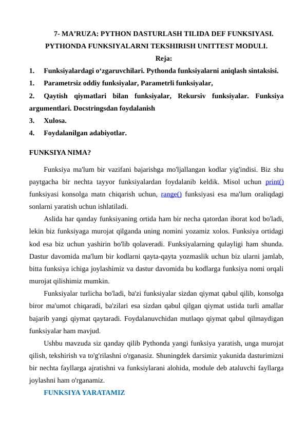 7 Ma'ruza PYTHON DASTURLASH TILIDA DEF FUNKSIYASI