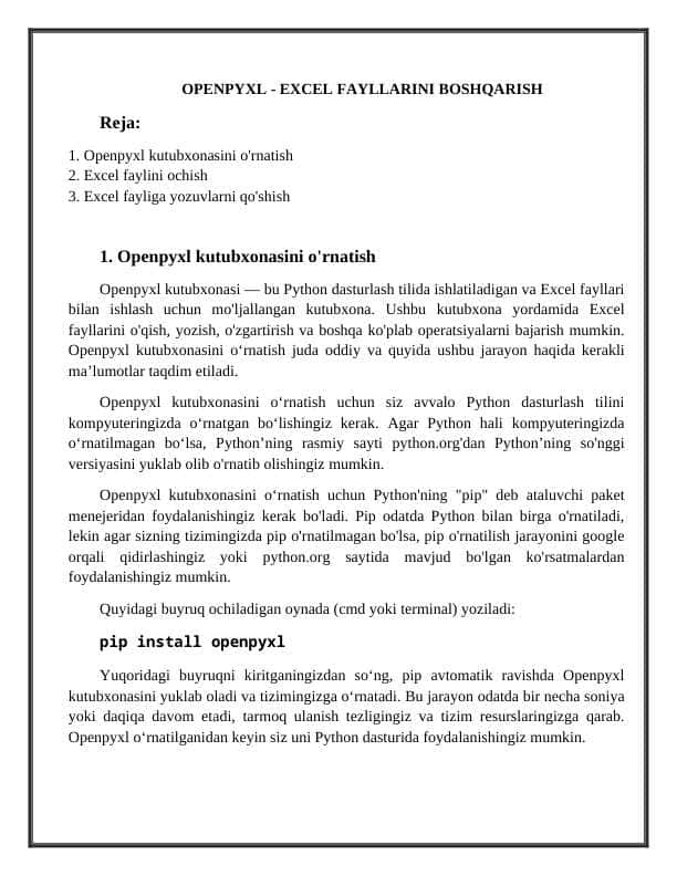 Pythonda OPENPYXL kutubxonasi yordamida excel fayllarini boshqarish
