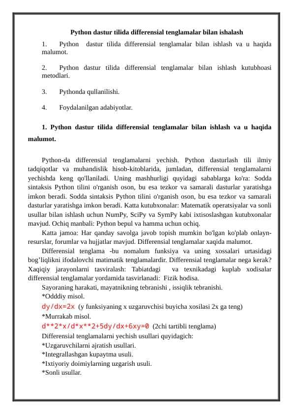 Python dastur tilida differensial tenglamalar bilan ishalash