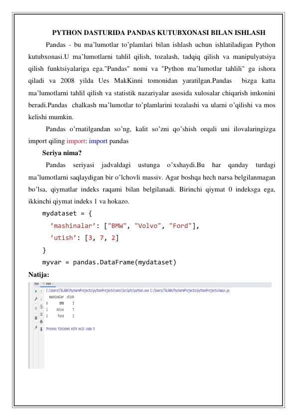 Python dasturida pandas kutubxonasi bilan ishlash