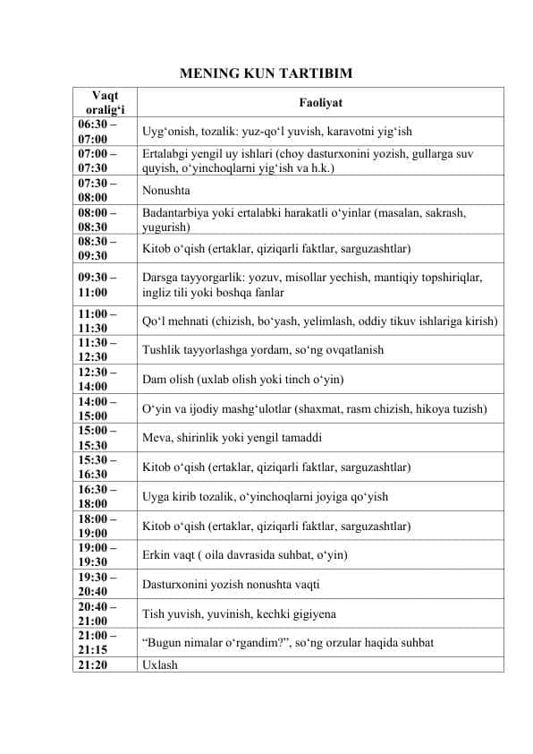 Bolalar Uchun Tayyor Yozgi Kun Tartibi Farzand Uchun Kun Tartibi – Yozgi Reja - Yozgi Tatil Rejasi: O‘yin, Kitob, Dam olish - Bolalar Uchun Kunlik Yozgi Reja Jadvali - Smartfonsiz Kun – Farzand Uchun Sog‘lom Tartib - Ota-onalar Uchun Tayyor Yozgi Kun Rejasi - Bola Zerikmasin! Yozgi Reja Tayyor - Dars va O‘yin Muvozanatda: Yozgi Tartib - Bolalar Uchun Rejali Hayot – Telefonlarsiz - Yozni Reja Bilan O‘tkazing – Kunlik Jadval