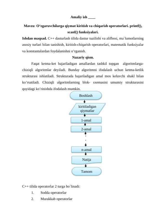 O‘zgaruvchilarga qiymat kiritish va chiqarish operatorlari. printf(), scanf() funksiyalari