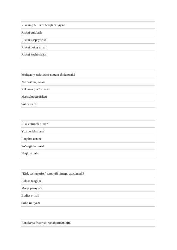 Risklarni boshqarish test