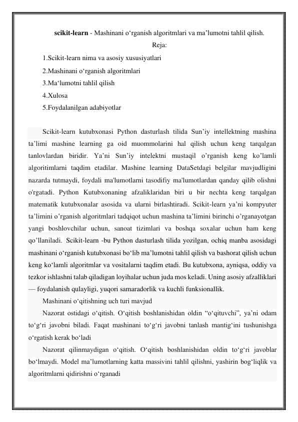 Pythonda scikit learn kutubxonasi