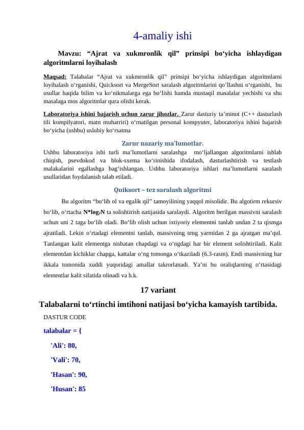“Ajrat va xukmronlik qil” prinsipi bo‘yicha ishlaydigan algoritmlarni loyihalash