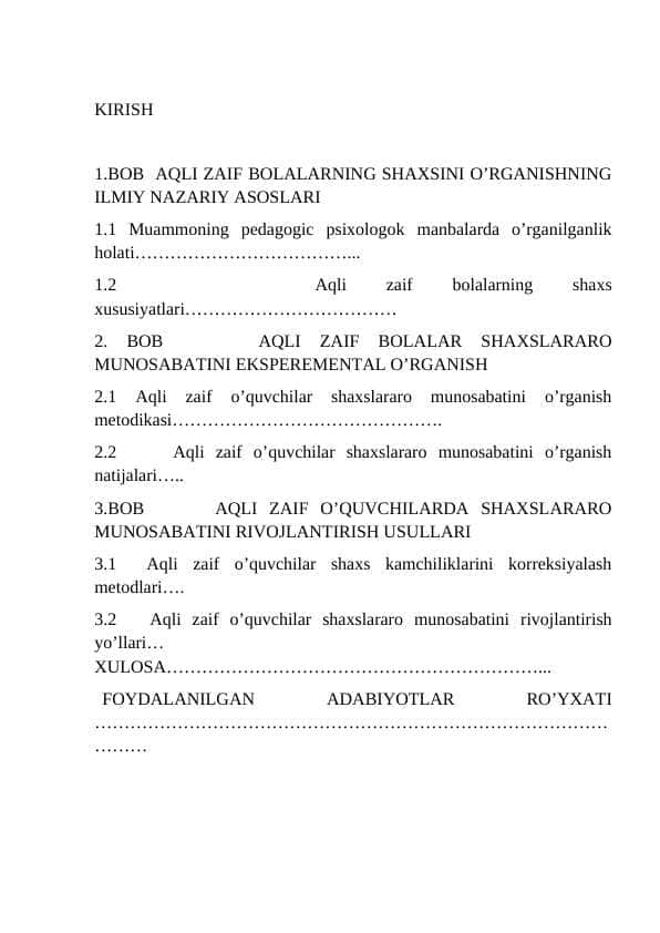AQLI ZAIF BOLALARNING SHAXSINI O’RGANISHNING ILMIY NAZARIY ASOSLARI