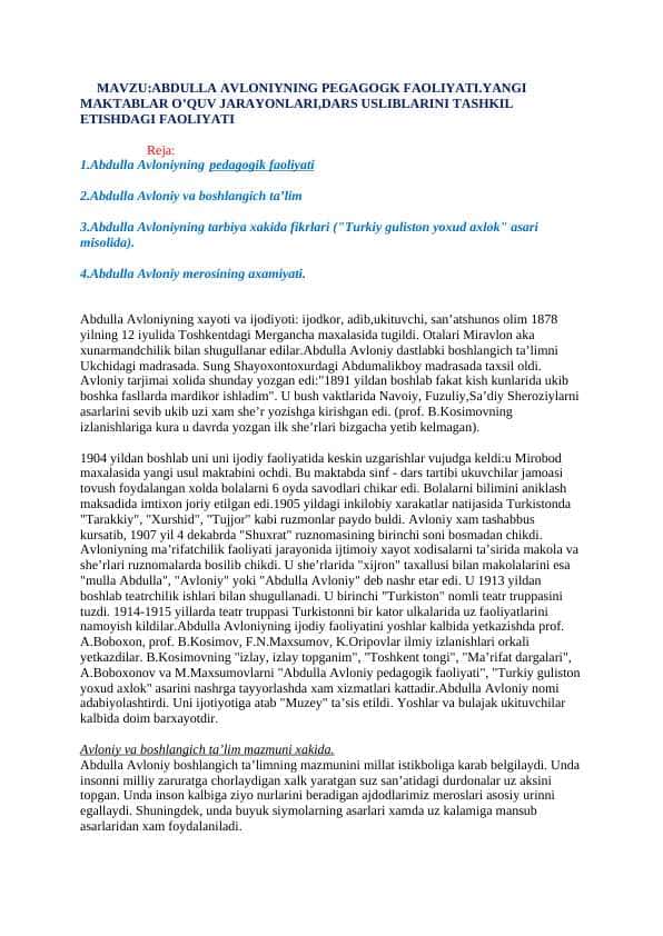 ABDULLA AVLONIYNING PEGAGOGK FAOLIYATI.YANGI MAKTABLAR O’QUV JARAYONLARI,DARS USLIBLARINI TASHKIL ETISHDAGI FAOLIYATI REFERAT