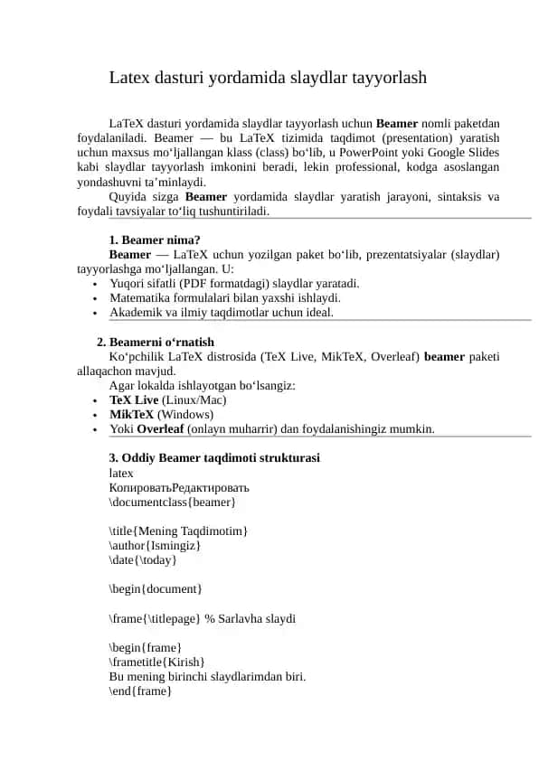 LaTeX dasturi yordamida slaydlar tayyorlash