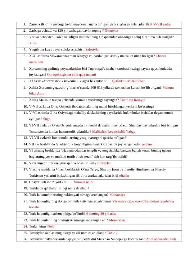 O'zbekiston tarixi test