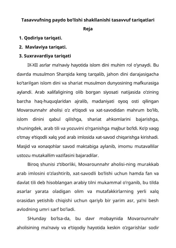Tasavvufning paydo bo’lishi shakllanishi tasavvuf tariqatlari