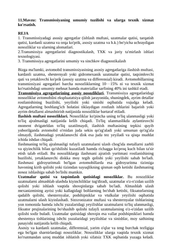 Transmissiya tuzilishi va texnik xizmat