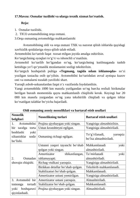 Osmalar tuzilishi va ularga texnik xizmat ko'rsatish