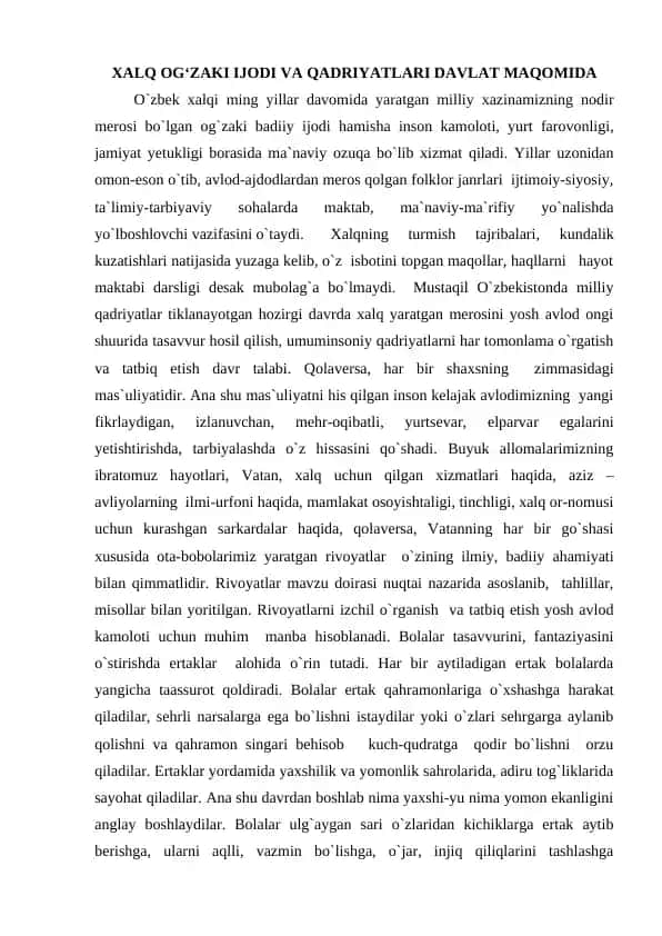 XALQ OG‘ZAKI IJODI VA QADRIYATLARI DAVLAT MAQOMIDA