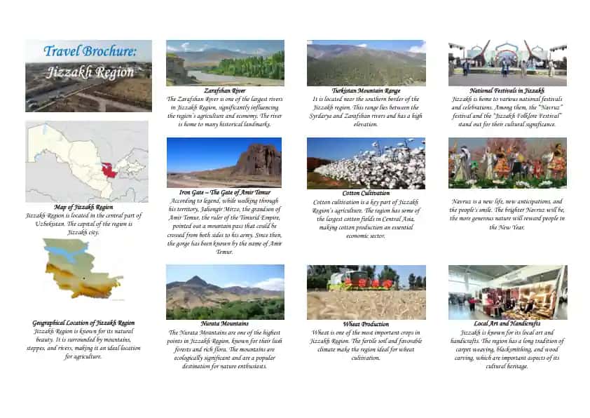 Travel Brochure Jizzakh Region. Sayohat broshyura: Jizzah viloyati. Ingliz tilida.