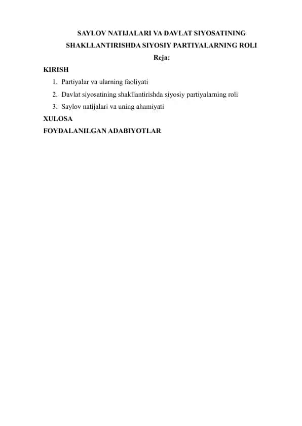 SAYLOV NATIJALARI VA DAVLAT SIYOSATINING SHAKLLANTIRISHDA SIYOSIY PARTIYALARNING ROLI
