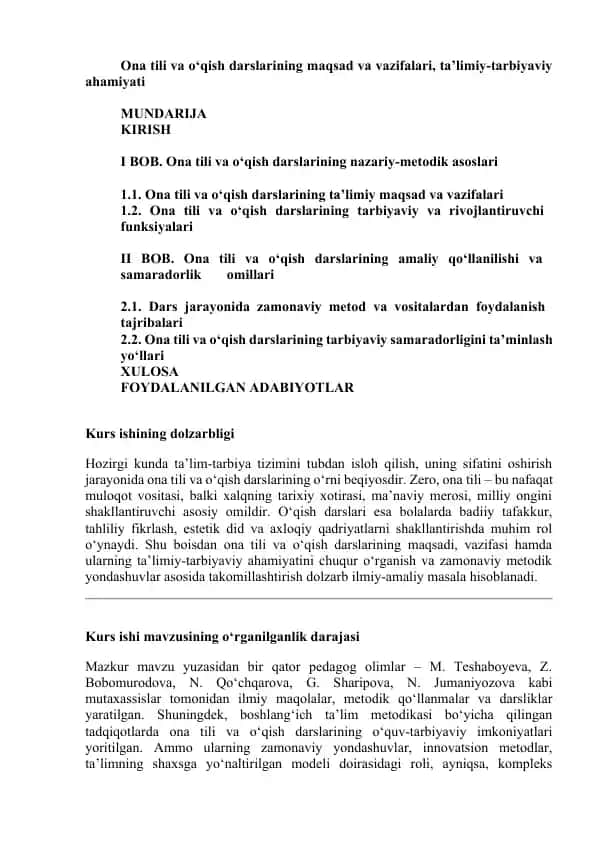 Ona tili va o‘qish darslarining maqsad va vazifalari, ta’limiy-tarbiyaviy ahamiyati