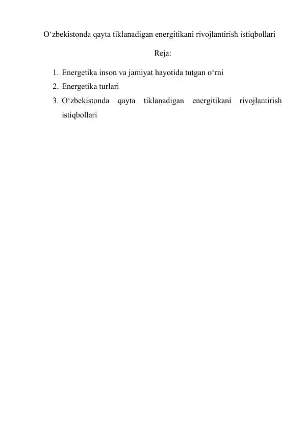 O‘zbekistonda qayta tiklanadigan energitikani rivojlantirish istiqbollari