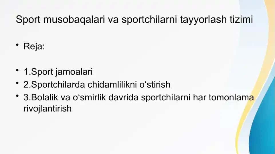 Sport musobaqalari va sportchilarni tayyorlash tizimi