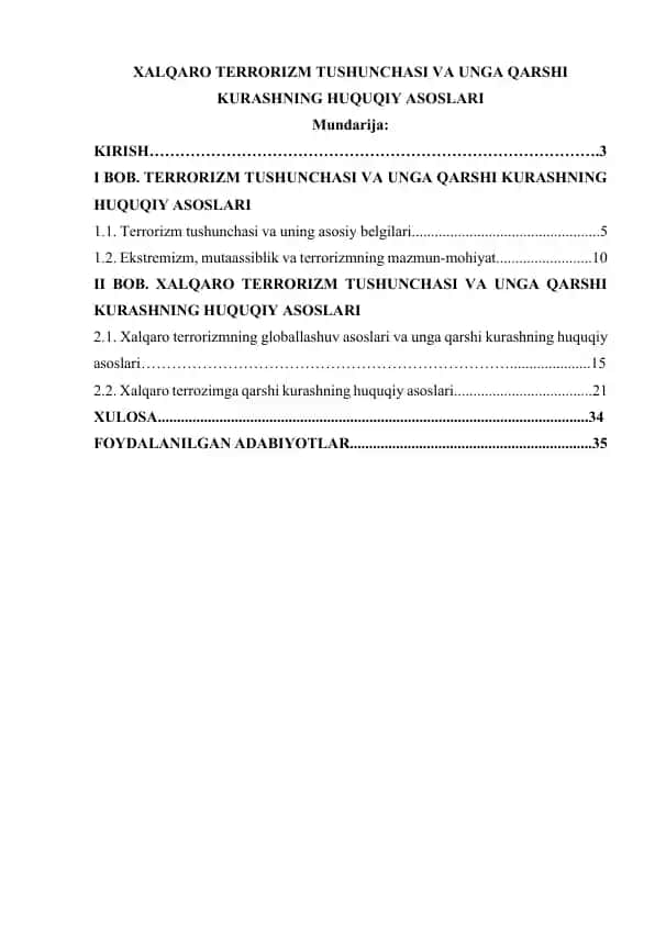 XALQARO TERRORIZM TUSHUNCHASI VA UNGA QARSHI KURASHNING HUQUQIY ASOSLARI
