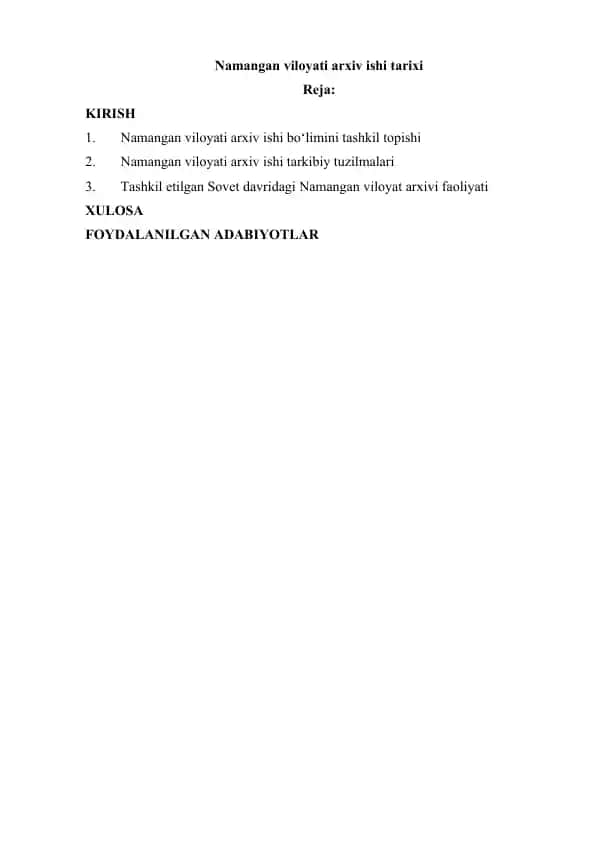 Namangan viloyati arxiv ishi tarixi