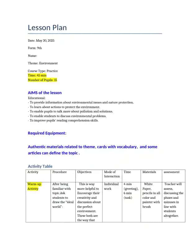 environment lesson plan