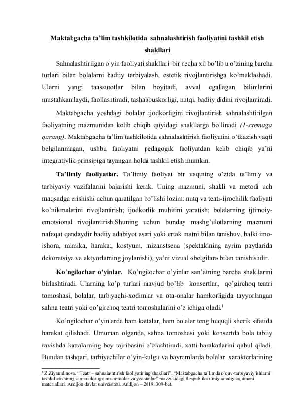 Maktabgacha ta’lim tashkilotida sahnalashtirish faoliyatini tashkil etish shakllari