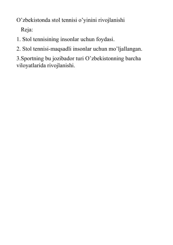 O’zbekistonda stol tennisi o’yinini rivojlanishi
