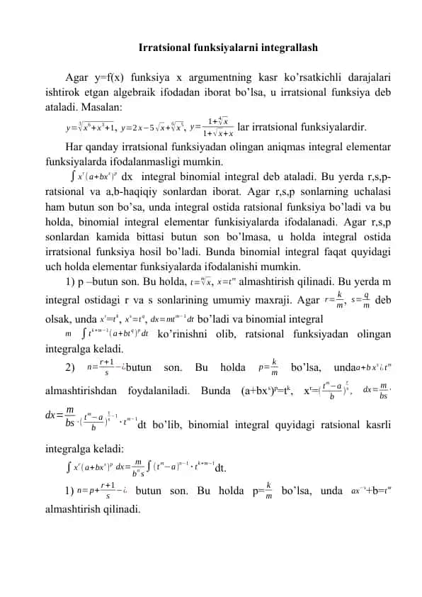 Irratsional funksiyalarni integrallash