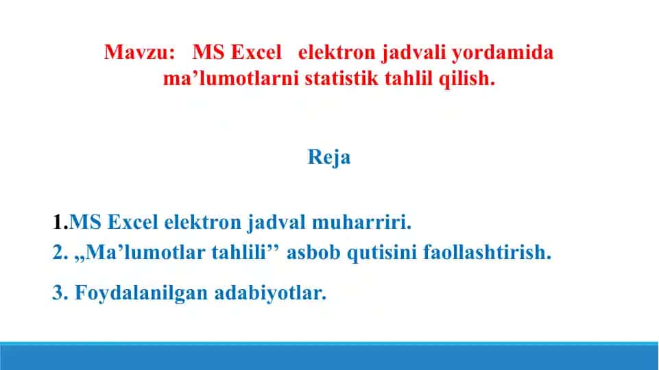 MS Excel elektron jadvali yordamida ma’lumotlarni statistik tahlil qilish. Taqdimot 12 bet.