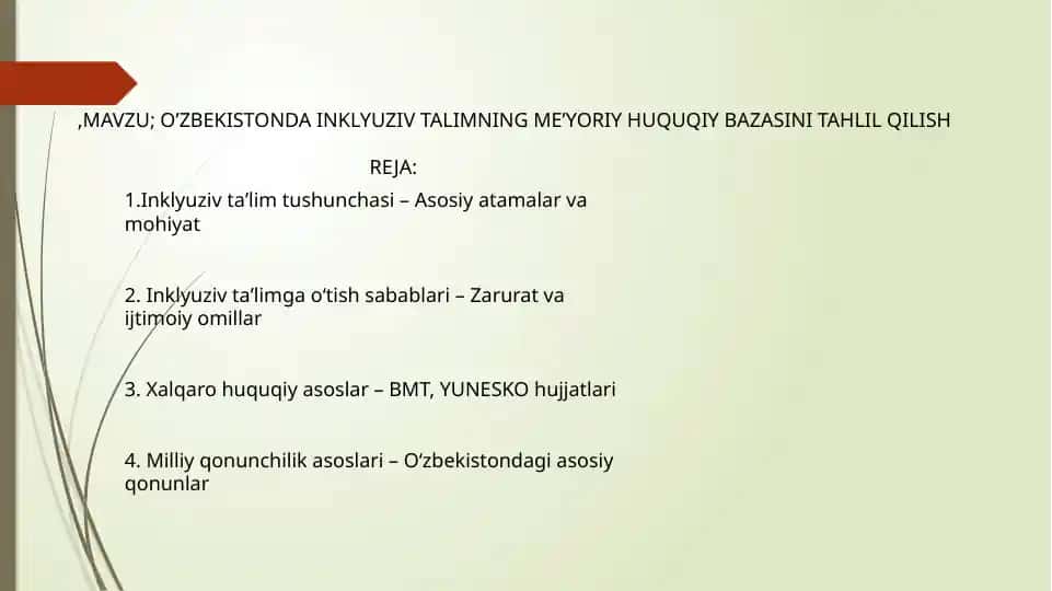 O’ZBEKISTONDA INKLYUZIV TALIMNING ME’YORIY HUQUQIY BAZASINI TAHLIL QILISH