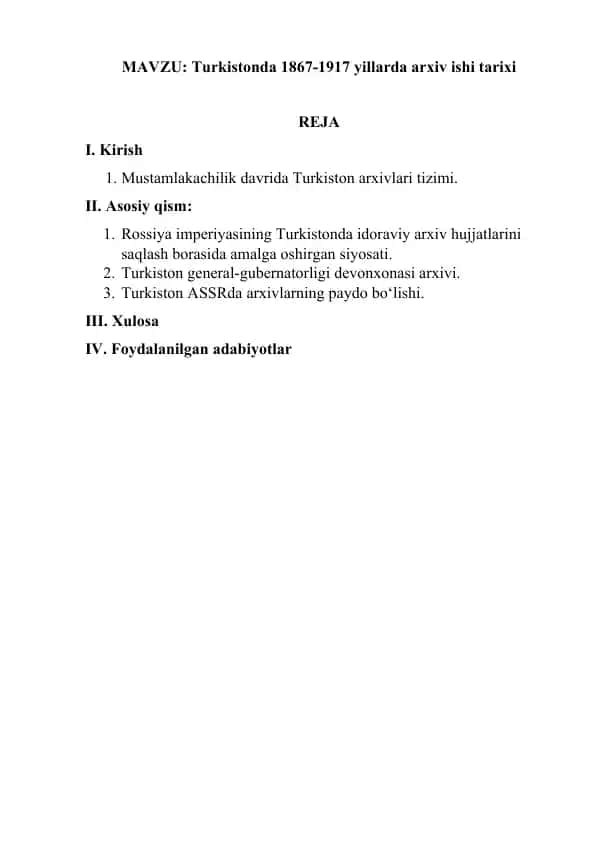 Turkistonda 1867-1917 yillarda arxiv ishi tarixi