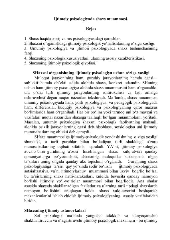 Ijtimoiy psixologiyada shaxs muammosi