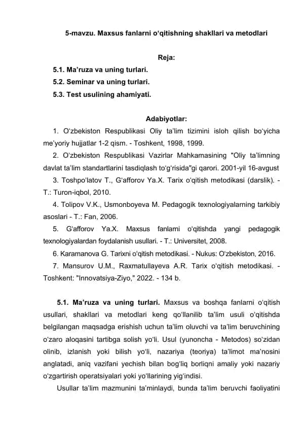 5-mavzu. Maxsus fanlarni o‘qitishning shakllari va metodlari