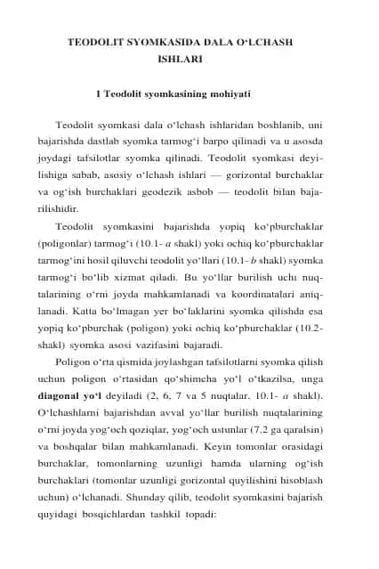 TEODOLIT SYOMKASIDA DALA O‘LCHASH ISHLARI
