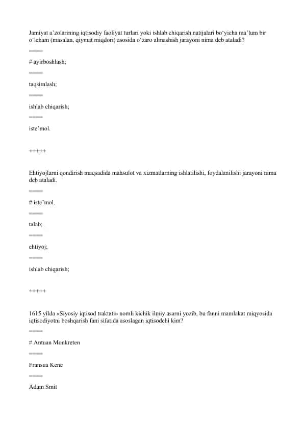 Iqtisodiyot nazariyasi 100ta test javoblari bilan