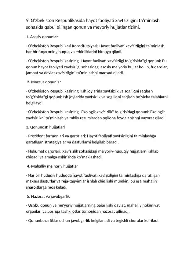 O‘zbekiston Respublikasida hayot faoliyati xavfsizligini ta’minlash sohasida qabul qilingan qonun va meyoriy hujjatlar tizimi