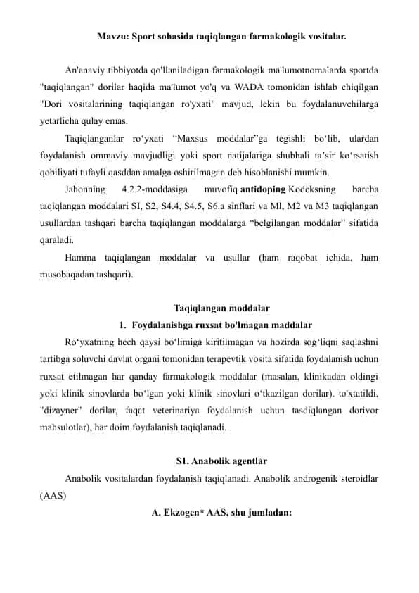 12. Sport sohasida taqiqlangan farmakologik vositalar. Referat 6 bet.